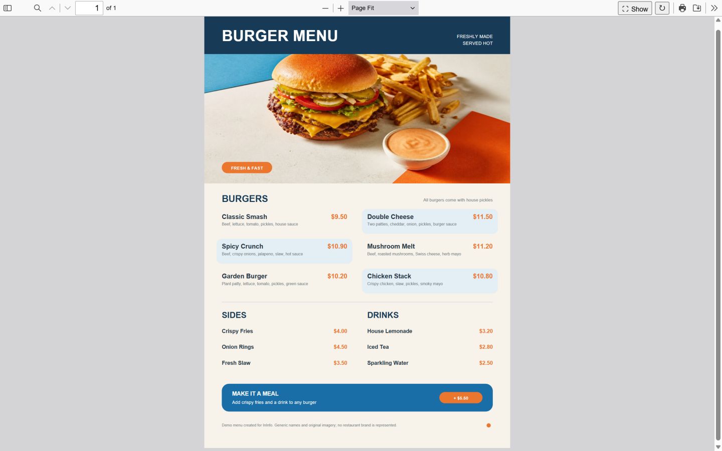İngilizce restoran PDF menüsü bilgisayarda InInfo tarayıcı görüntüleyicisinde açık