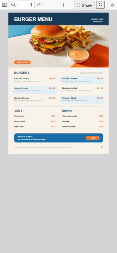 Aynı İngilizce PDF restoran menüsü mobil tarayıcıda gösteriliyor
