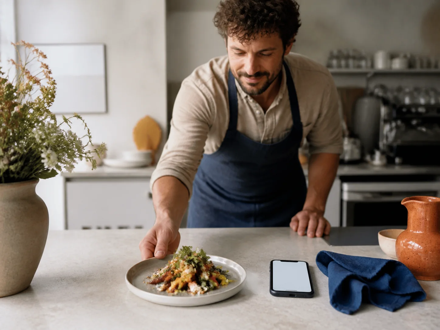 A cafe owner preparing a dish for a digital menu